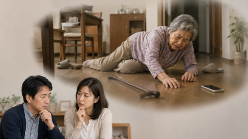一人暮らしの高齢の母が自宅で転倒し、離れて暮らす家族が見守りの必要性を考えている様子