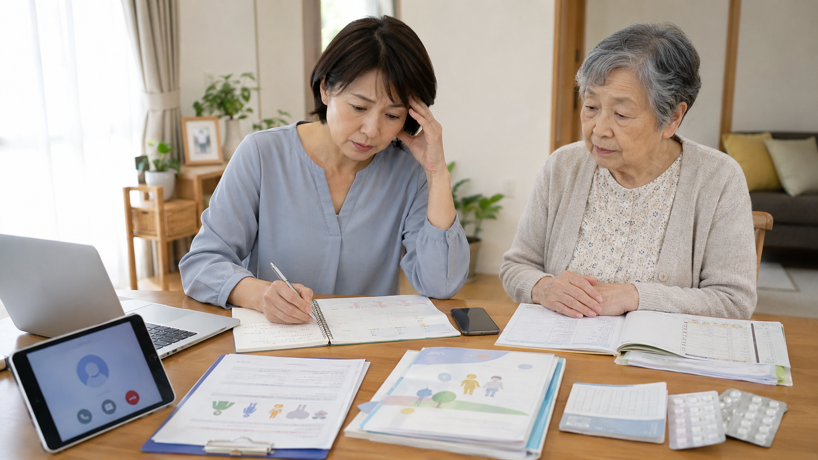娘が通院予定や書類を整理しながら、高齢の母と一緒に受診や付き添いの負担を確認している様子