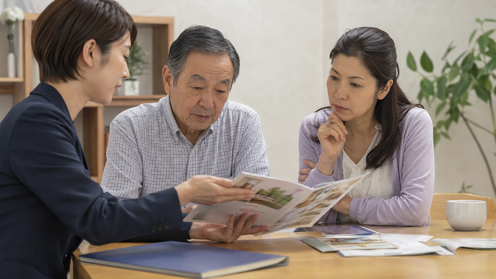 高齢の父と家族が相談員から資料を見せてもらいながら、生活や介護について相談している様子