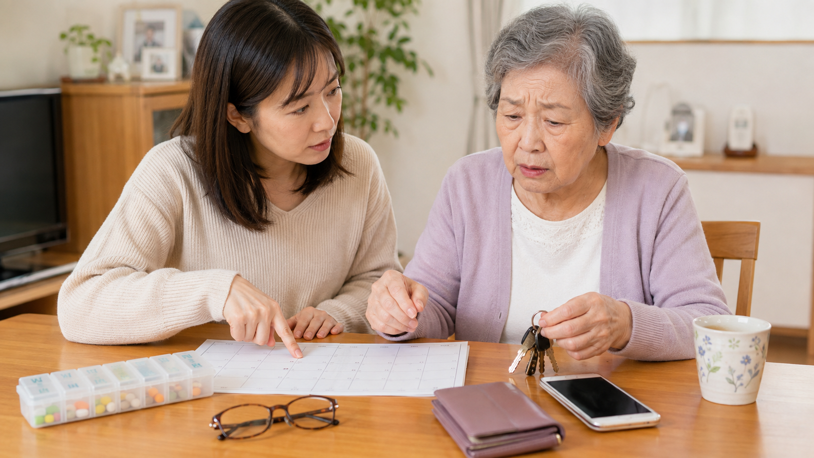 高齢の母と娘がカレンダーを見ながら予定を確認し、母が鍵を手にしている様子