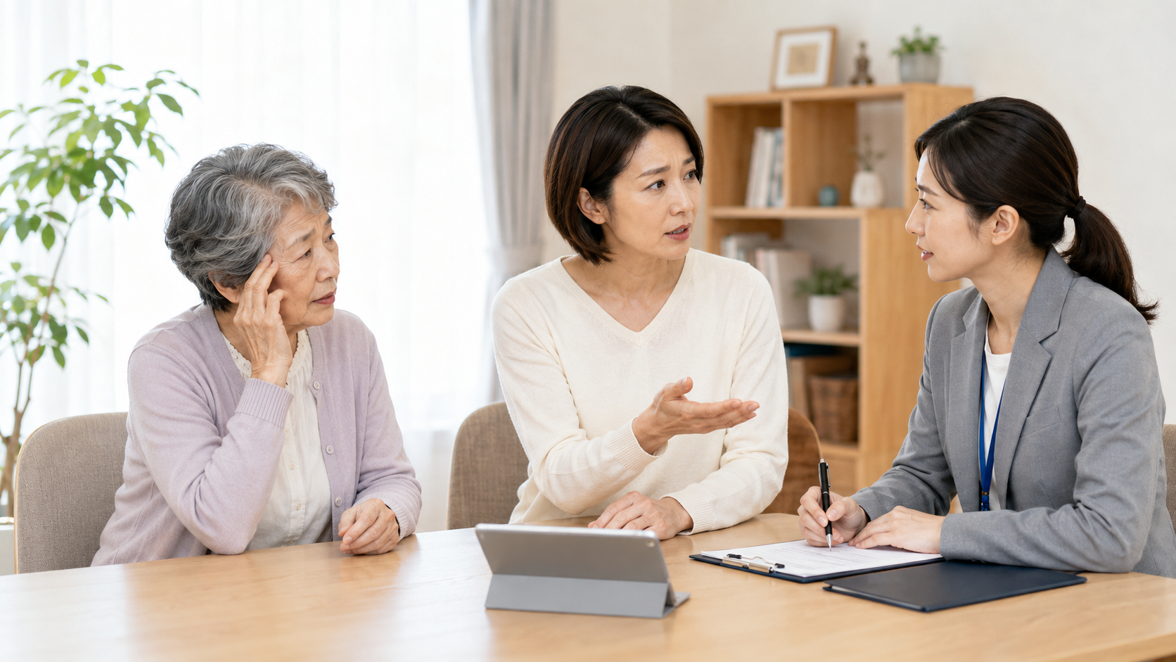高齢の母と娘が相談員に親の様子や受診について相談している様子