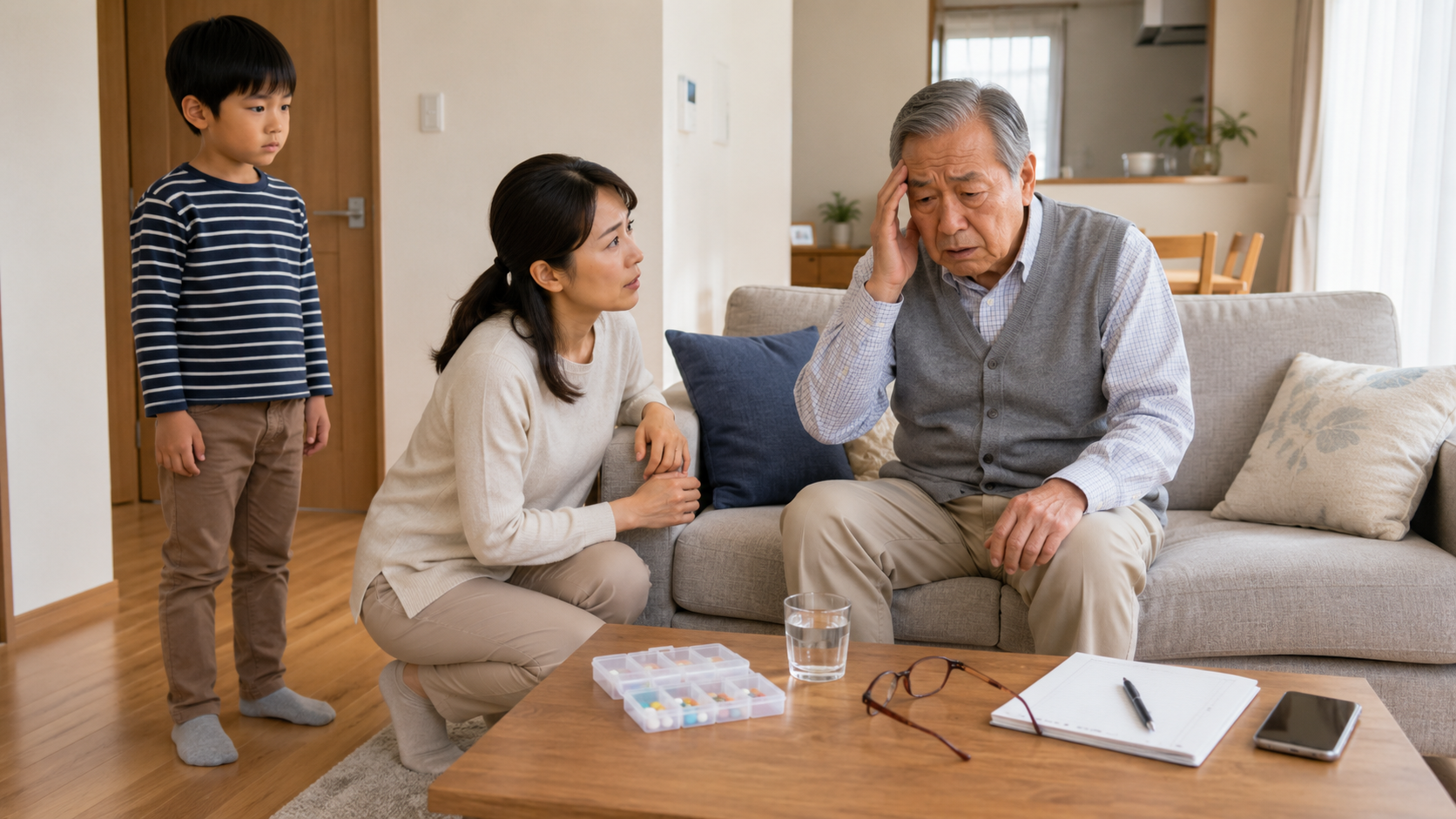 代替テキスト：高齢の父が頭を押さえてつらそうに座り、娘がそばで声をかけ、後ろで孫が心配そうに見守っている様子