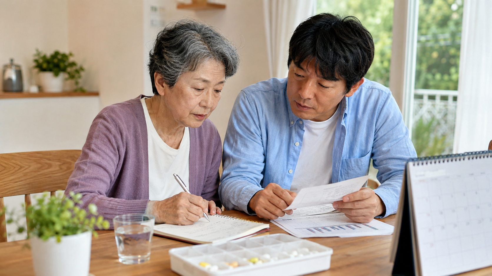 高齢の母と息子が薬のケースや予定表、書類を見ながら日常生活の変化を一緒に確認している様子
