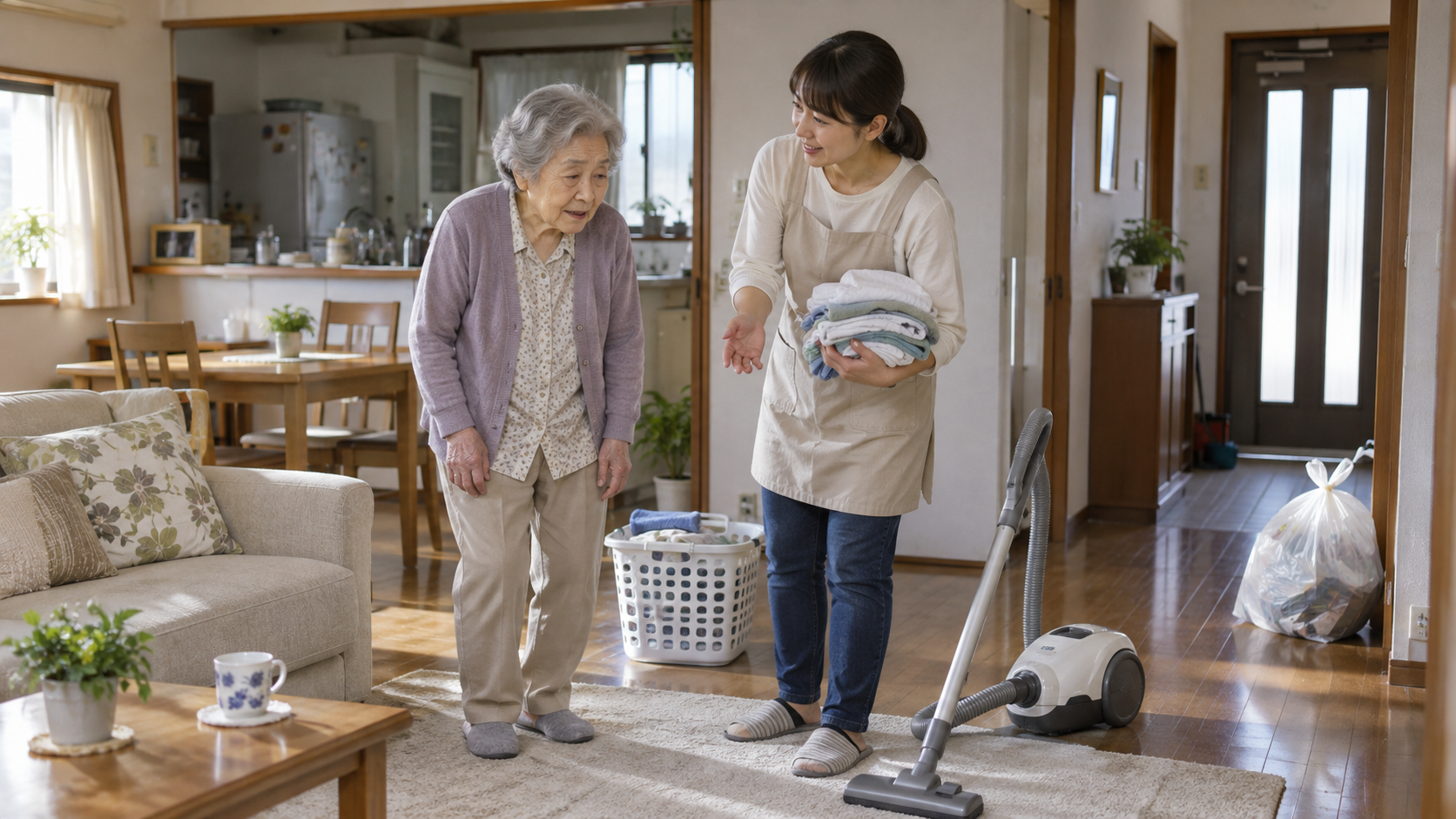 退院後の高齢女性が自宅で、家族に掃除や洗濯、ゴミ出しなどの家事を手伝ってもらいながら生活を整えている様子