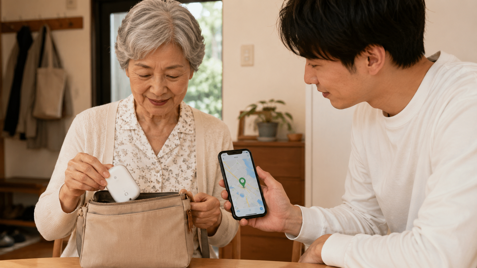 高齢の母が見守り端末を持ち、息子がスマートフォンの地図で位置情報を確認している様子