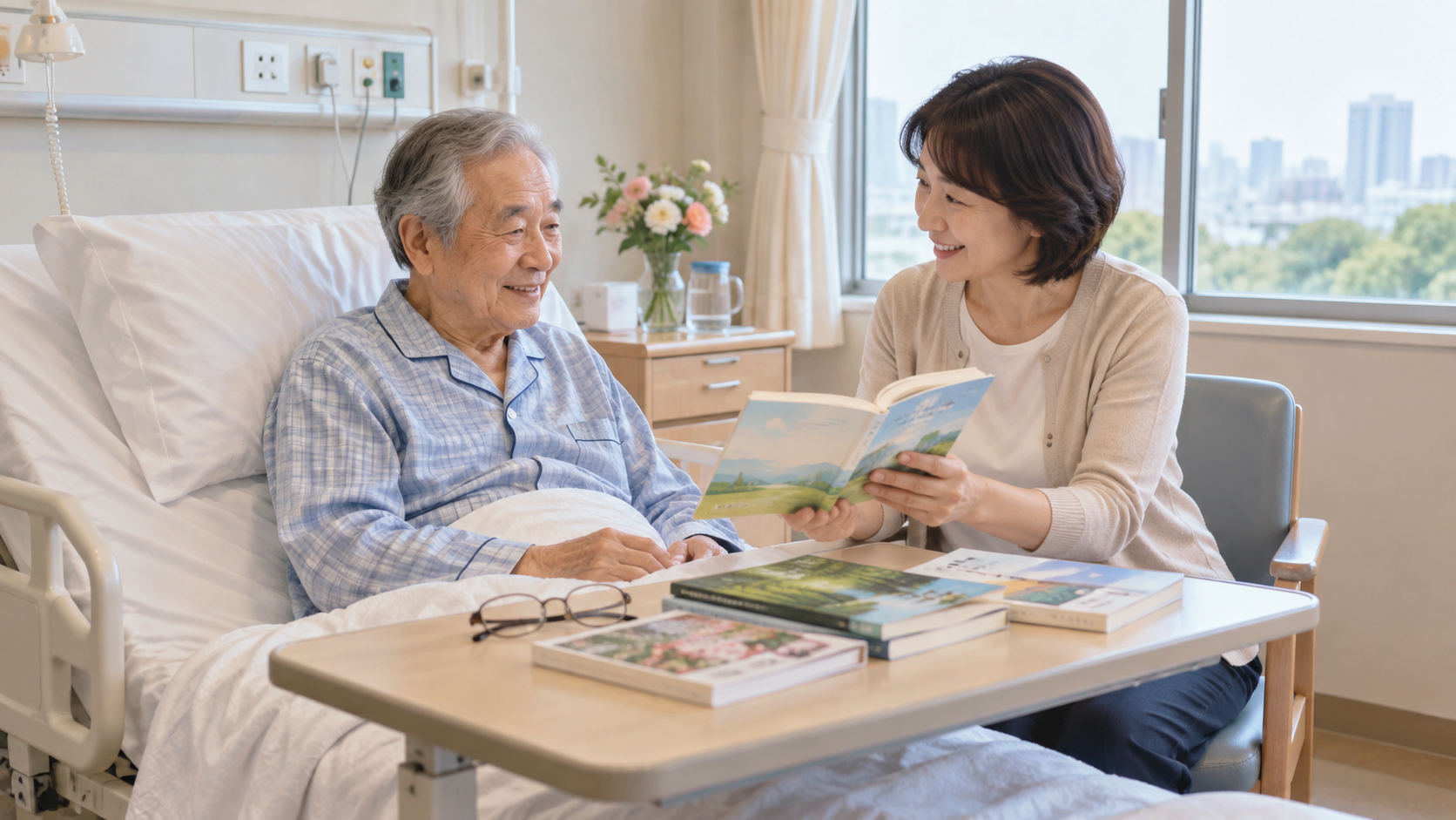 入院中の高齢男性が病室で家族と一緒に本を見ながら、読みやすく疲れにくい本を選んでいる様子
