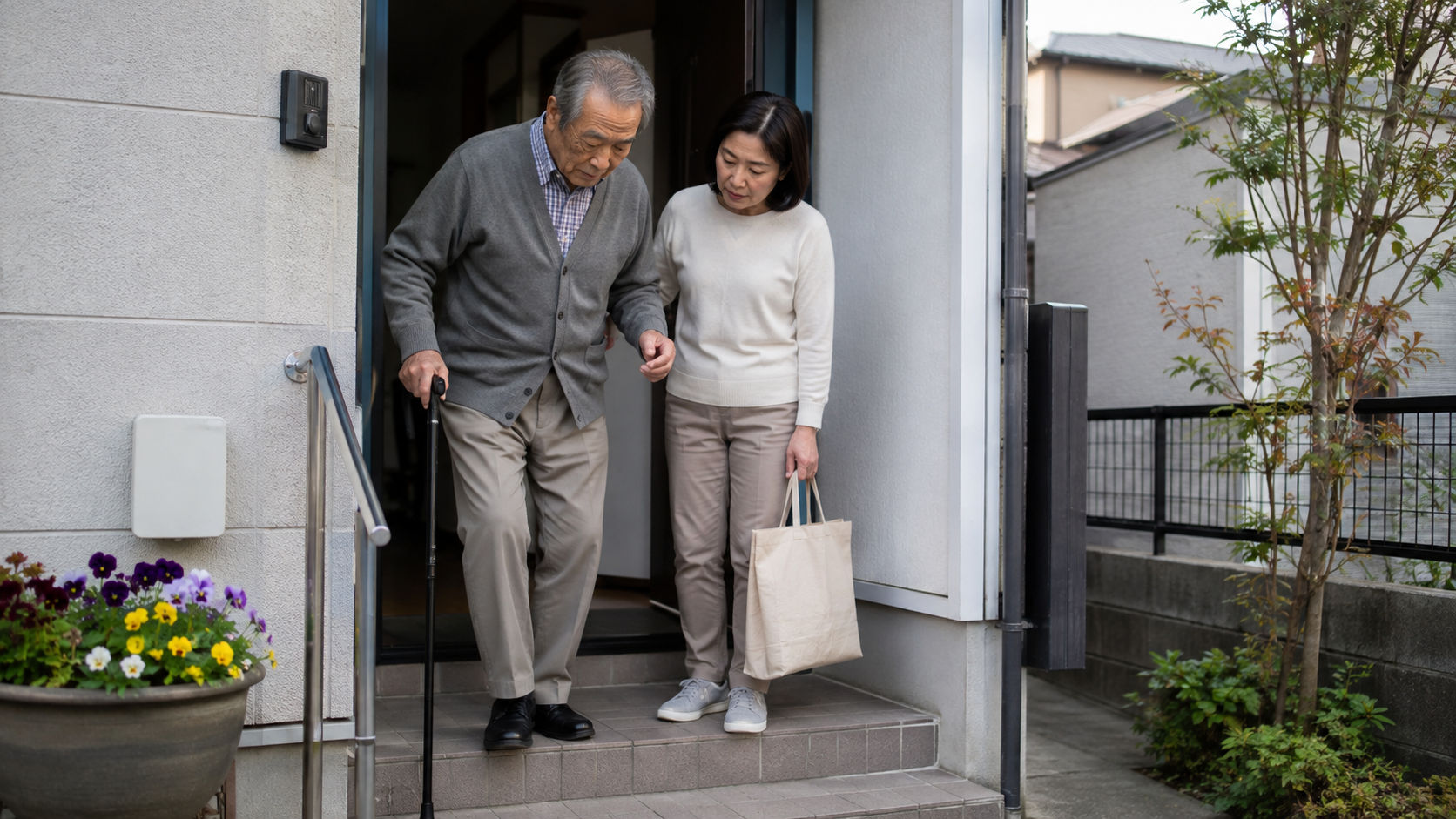 高齢の男性が杖を使って玄関の段差を下り、女性がそばで付き添っている様子