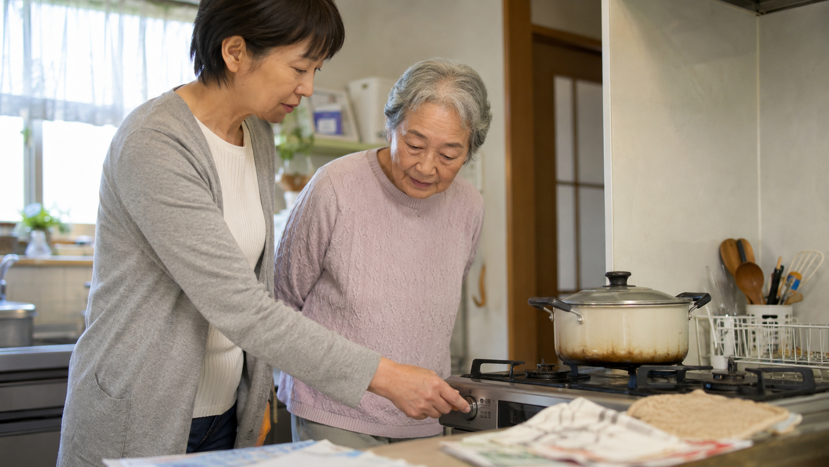 高齢の母と娘が焦げた鍋を見ながらガスコンロの火の消し忘れや調理中の事故について確認している様子