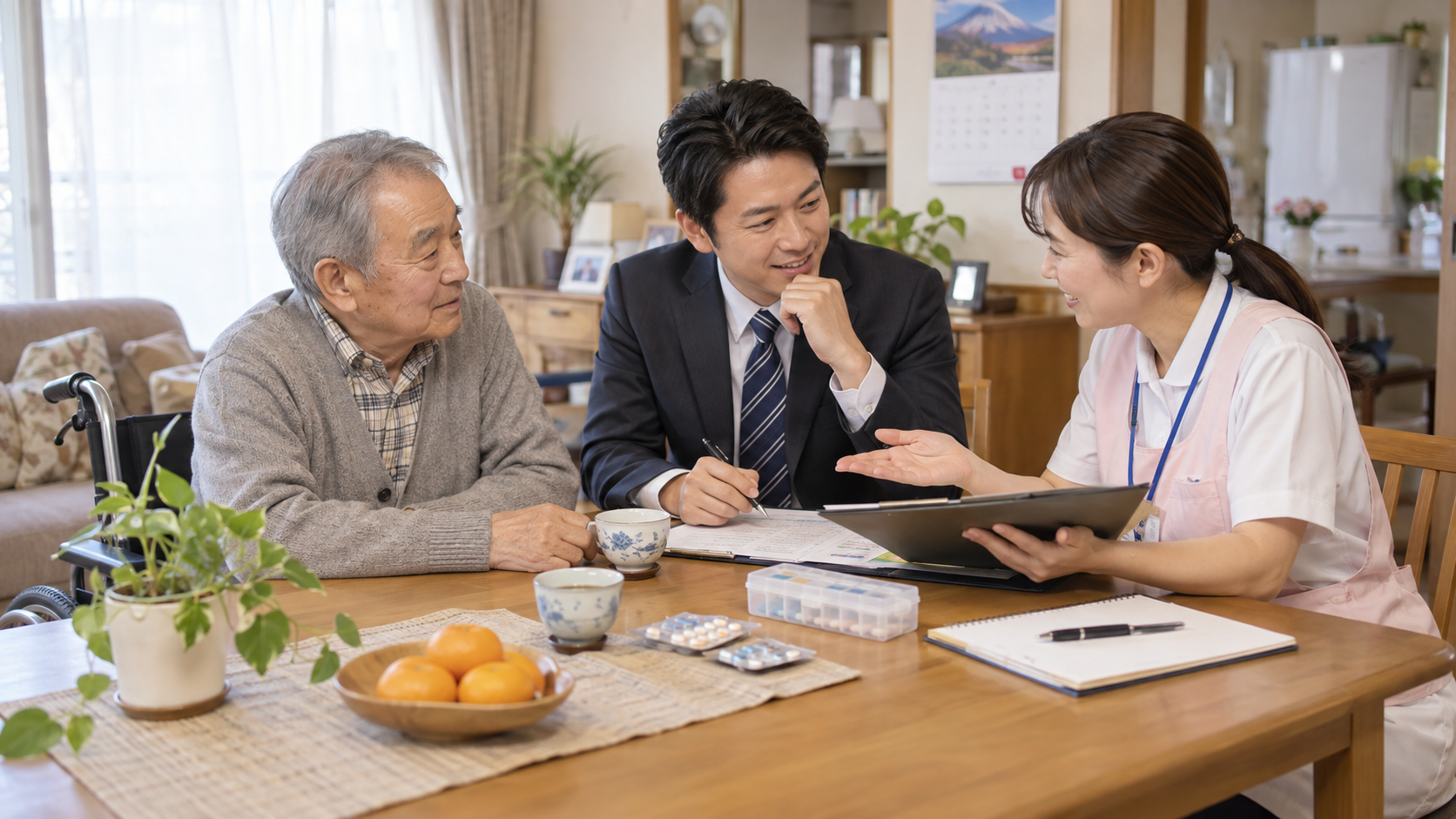 退院後の高齢男性と家族が自宅で支援スタッフと一緒に、生活支援や服薬、今後の介護体制について相談している様子