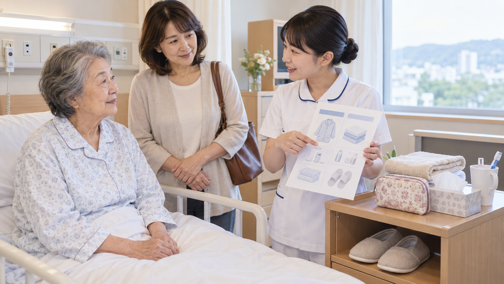 病室で高齢の女性と娘が、看護師からパジャマやタオルなどの入院用品やレンタルについて説明を受けている様子