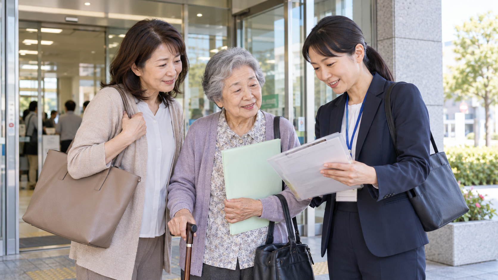 高齢の母と家族、支援スタッフが市役所の入口付近で書類を確認しながら外出手続きについて相談している様子