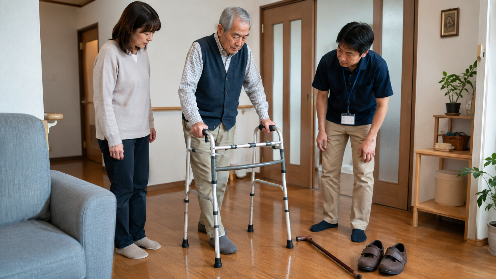 高齢の男性が自宅で歩行器を使い、家族と支援スタッフが歩き方を確認している様子