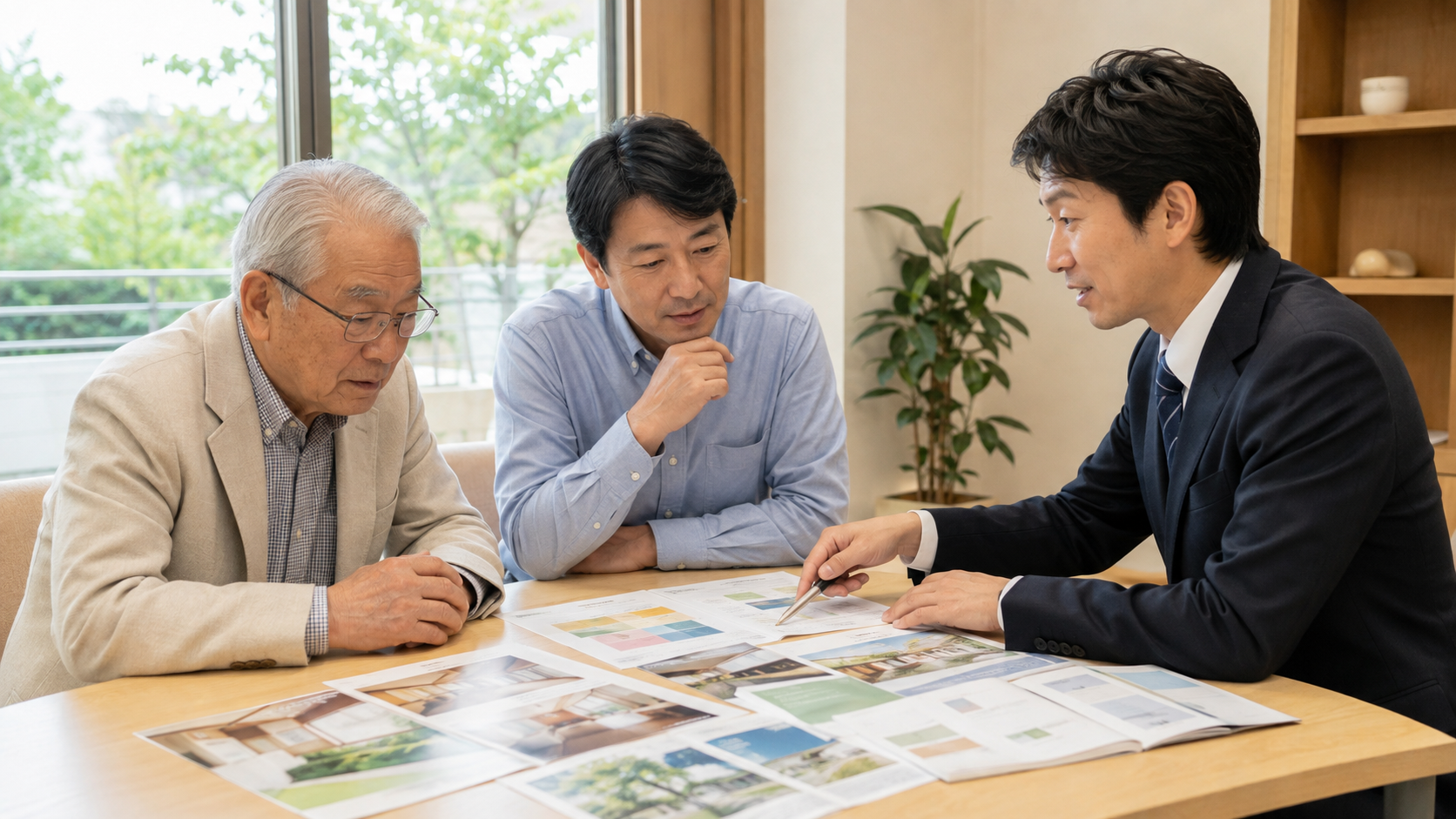高齢の父と息子が相談員と一緒に住まい選びの資料を見ながら施設入居について相談している様子