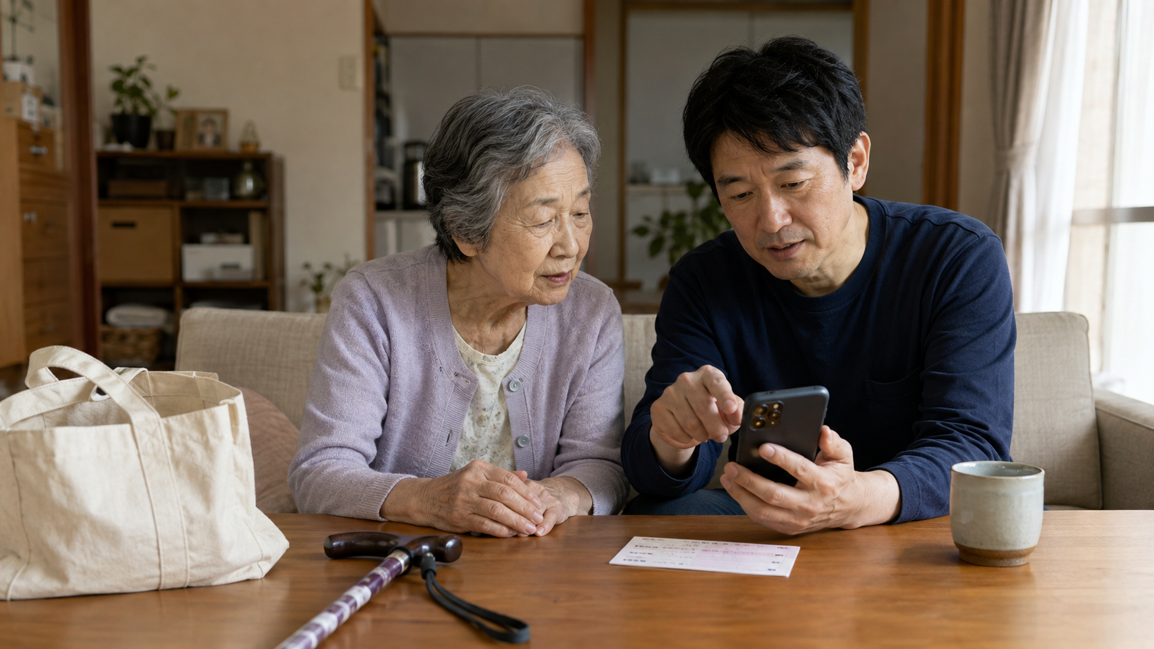 高齢の母と息子が自宅でスマートフォンを見ながら外出や買い物の確認をしている様子