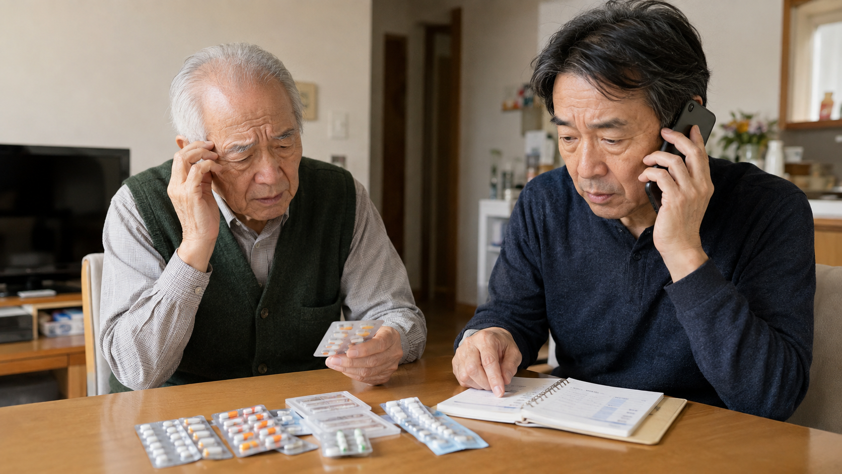 高齢の父と息子が薬のシートや服薬記録を確認しながら、飲み忘れや飲み間違いについて確認している様子