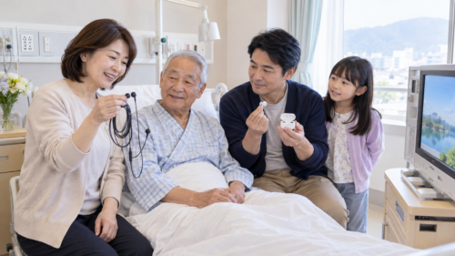入院中の高齢男性を囲み、女性の家族が有線イヤホン、男性の家族が無線イヤホンを持ち、孫と一緒に病室で使いやすいイヤホンを比べている様子
