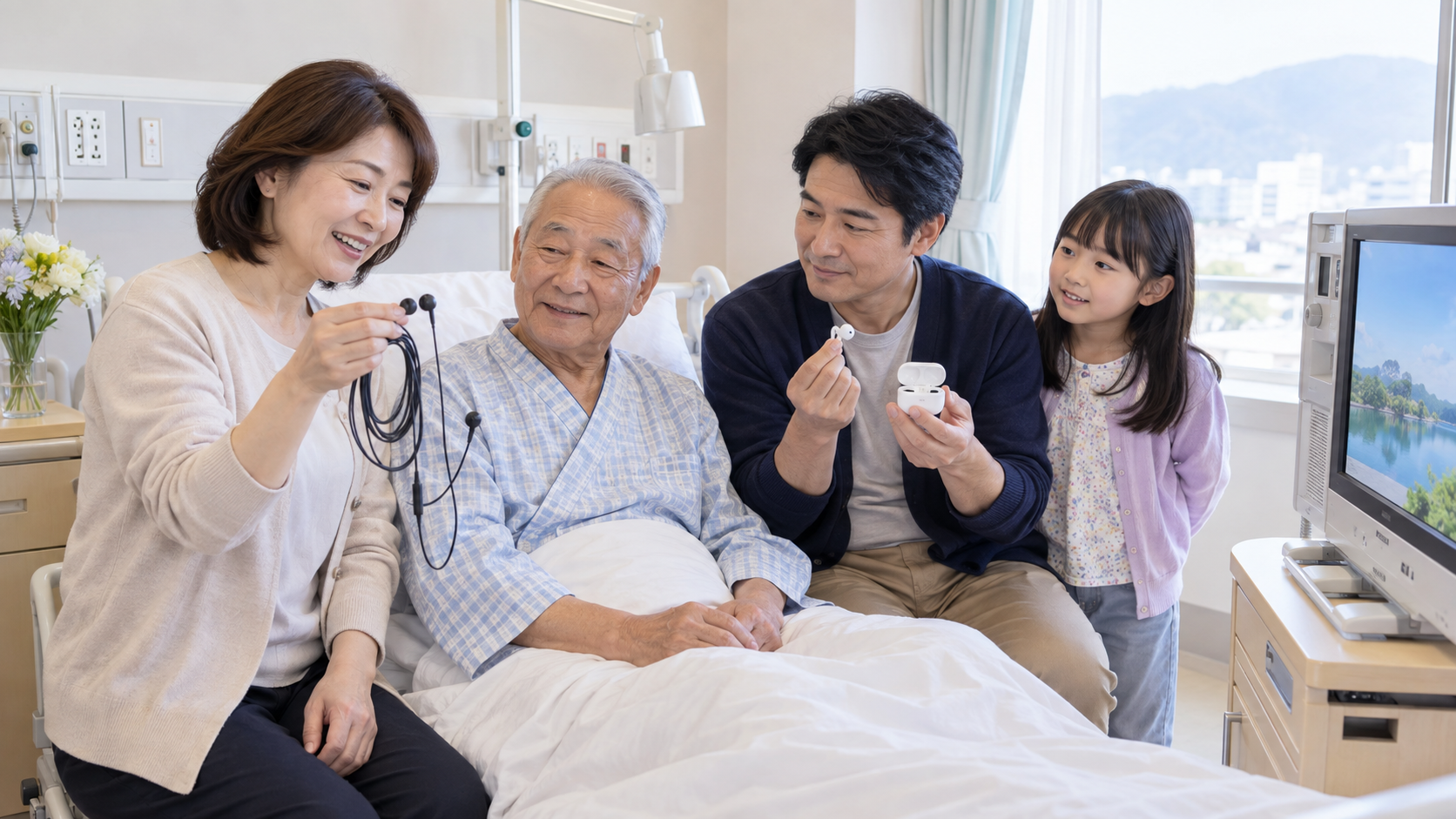 入院中の高齢男性を囲み、女性の家族が有線イヤホン、男性の家族が無線イヤホンを持ち、孫と一緒に病室で使いやすいイヤホンを比べている様子