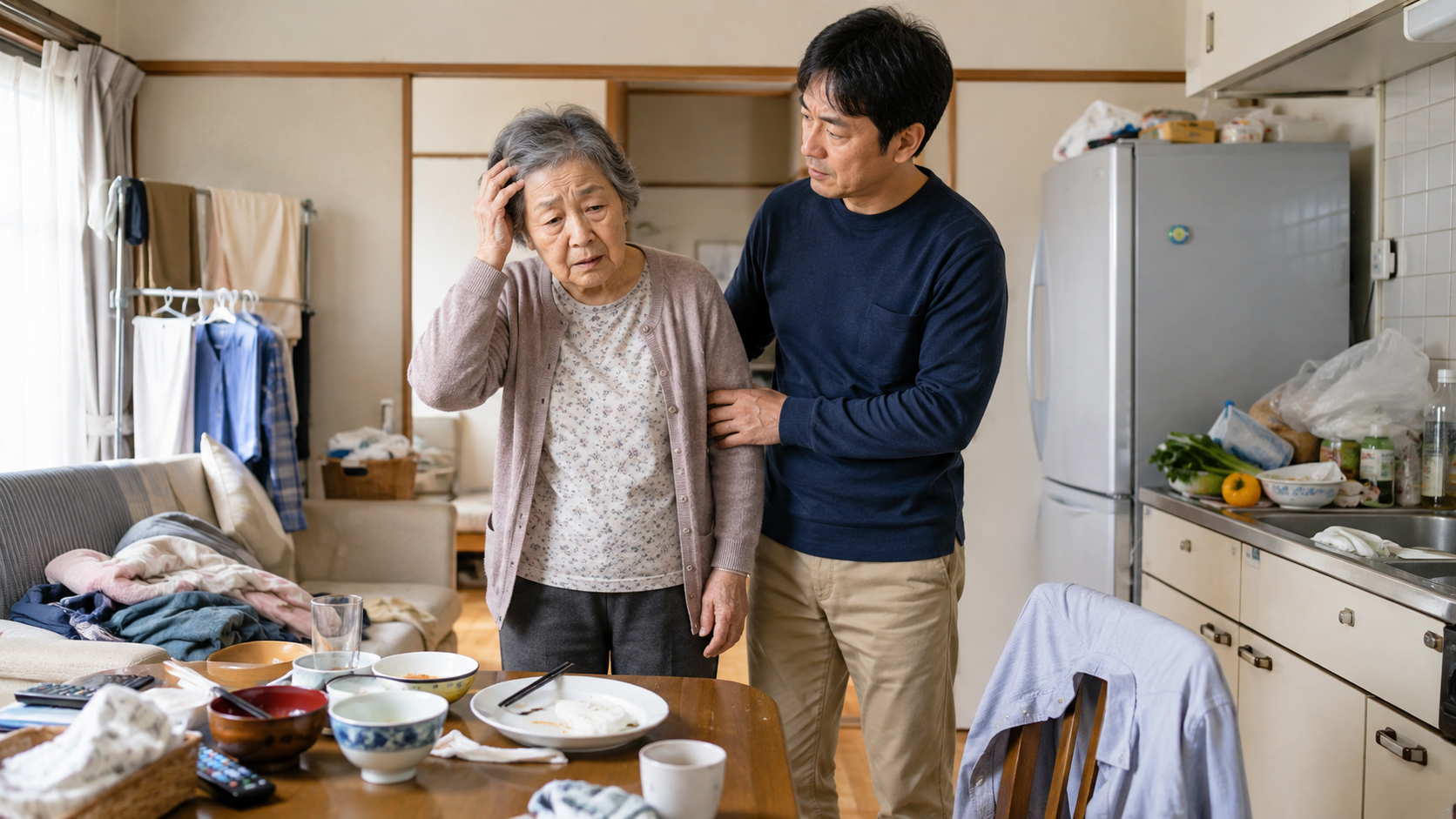 家事や身だしなみの乱れが見られる高齢の母を、息子が自宅で心配しながら支えている様子