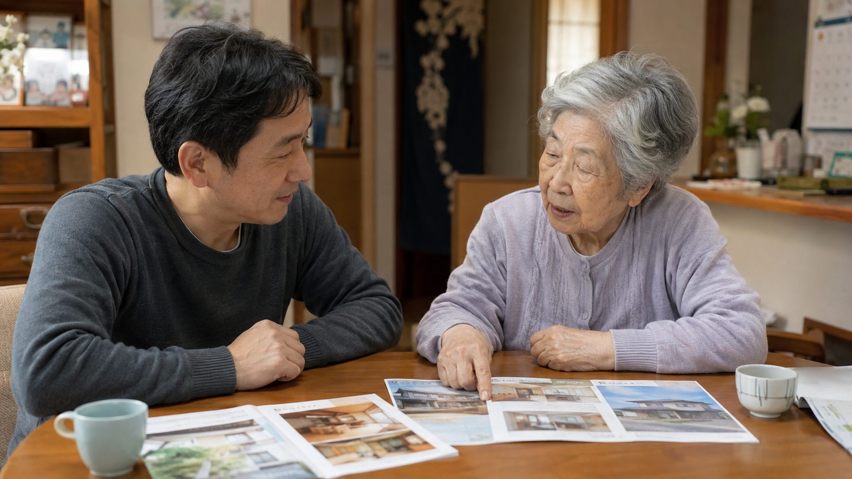 高齢の母と息子が自宅で住まいの資料を見ながら施設選びを相談している様子