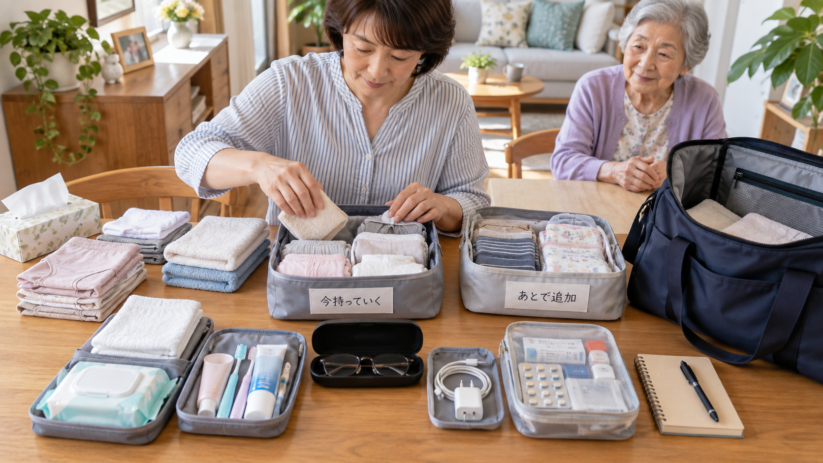 高齢の母と娘が自宅で下着やタオル、洗面用品、薬などを整理し、入院時に持っていく物と後から追加する物を分けて準備している様子