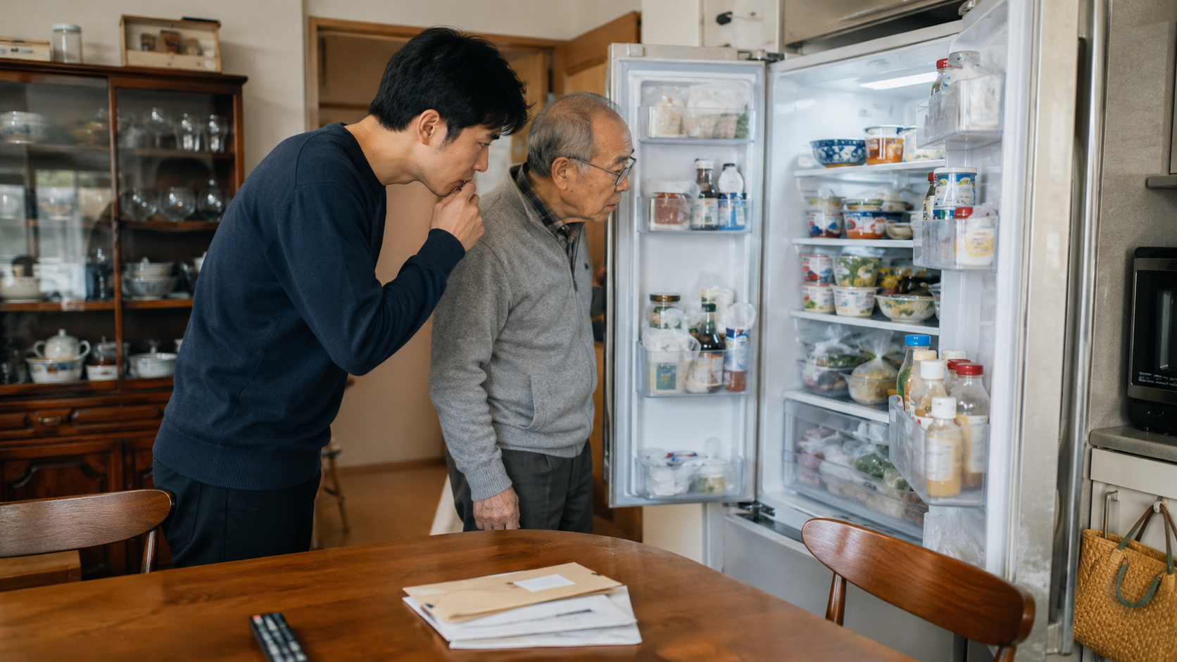 高齢の父と息子が冷蔵庫の中を確認し、食事や買い物など日常生活の変化を確認している様子